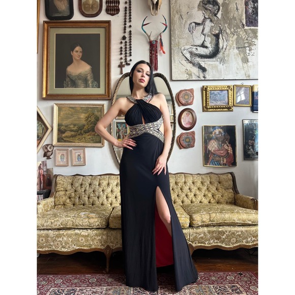 Y2K Black and Sequin High Slit Backless Maxi Dress w Pink Underlay Size Medium - Picture 5 of 11